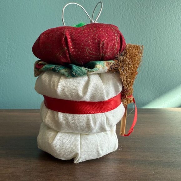 Vintage Handcrafted Fabric Snowman Ornament With Hat & Broom White Red Green 4" - Picture 4 of 8